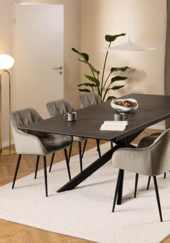 ACT NORDIC Irwine Esstisch, mit 1 Einlegeplatte - schwarze Keramik/Glas und schwarzer Stahl (200/240x100)