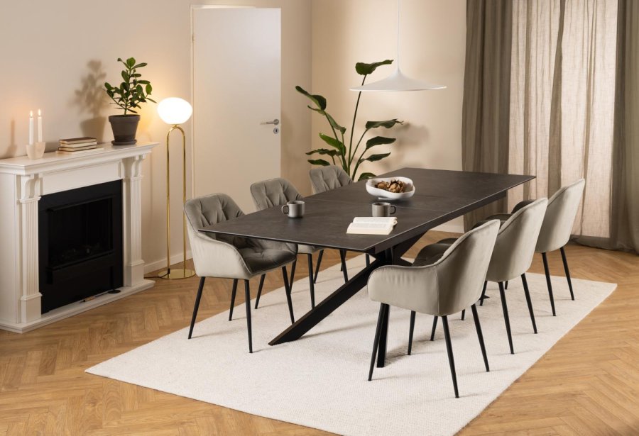 ACT NORDIC Irwine Esstisch, mit 1 Einlegeplatte - schwarze Keramik/Glas und schwarzer Stahl (200/240x100)
