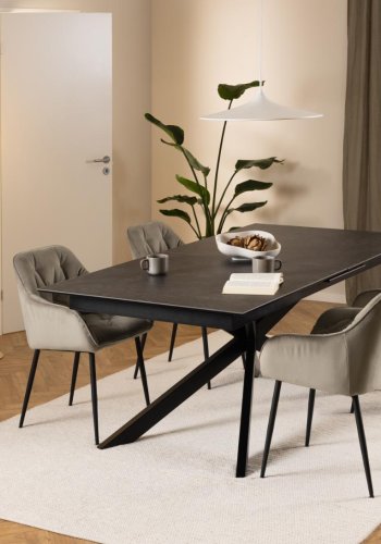 ACT NORDIC Irwine Esstisch, mit 1 Einlegeplatte - schwarze Keramik/Glas und schwarzer Stahl (200/240x100)