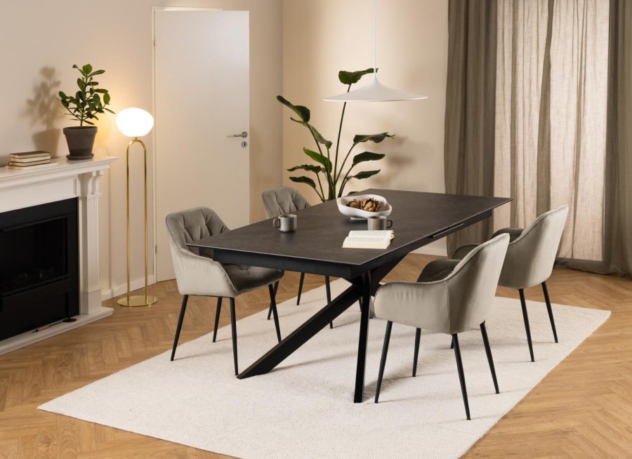 ACT NORDIC Irwine Esstisch, mit 1 Einlegeplatte - schwarze Keramik/Glas und schwarzer Stahl (200/240x100)