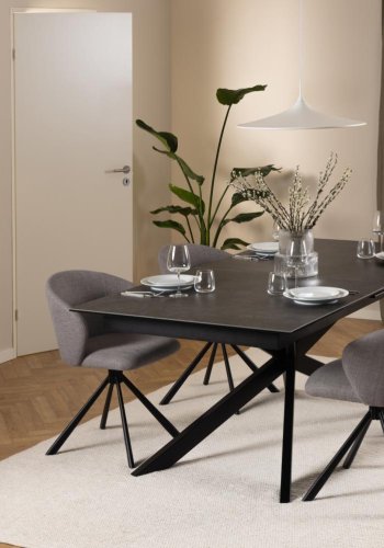 ACT NORDIC Irwine Esstisch, mit 1 Einlegeplatte - schwarze Keramik/Glas und schwarzer Stahl (200/240x100)