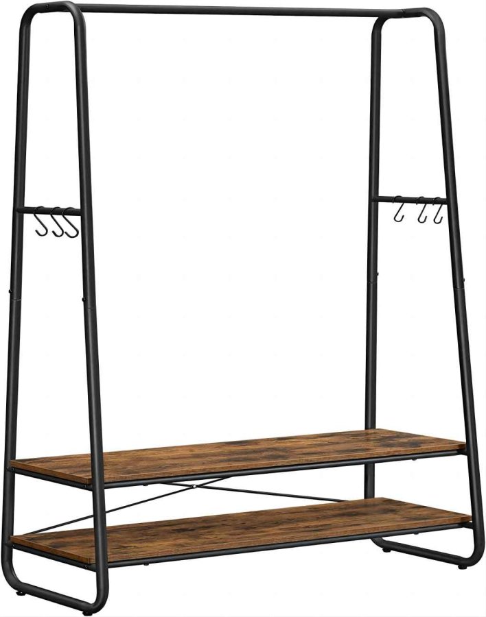 VASAGLE klesstativ, m. 6 S-kroker og 2 hyller - brun sponplate og sort stl
