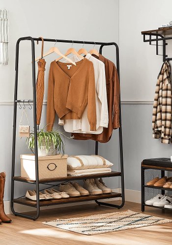 VASAGLE klesstativ, m. 6 S-kroker og 2 hyller - brun sponplate og sort stl