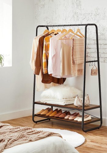 VASAGLE klesstativ, m. 6 S-kroker og 2 hyller - brun sponplate og sort stl