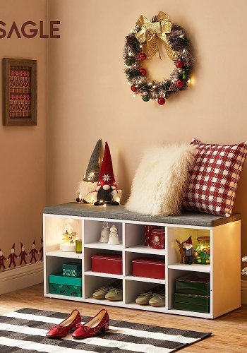 VASAGLE inngangsbenk, med stoffpute og 10 rom for sko - hvit sponplate (104x30)