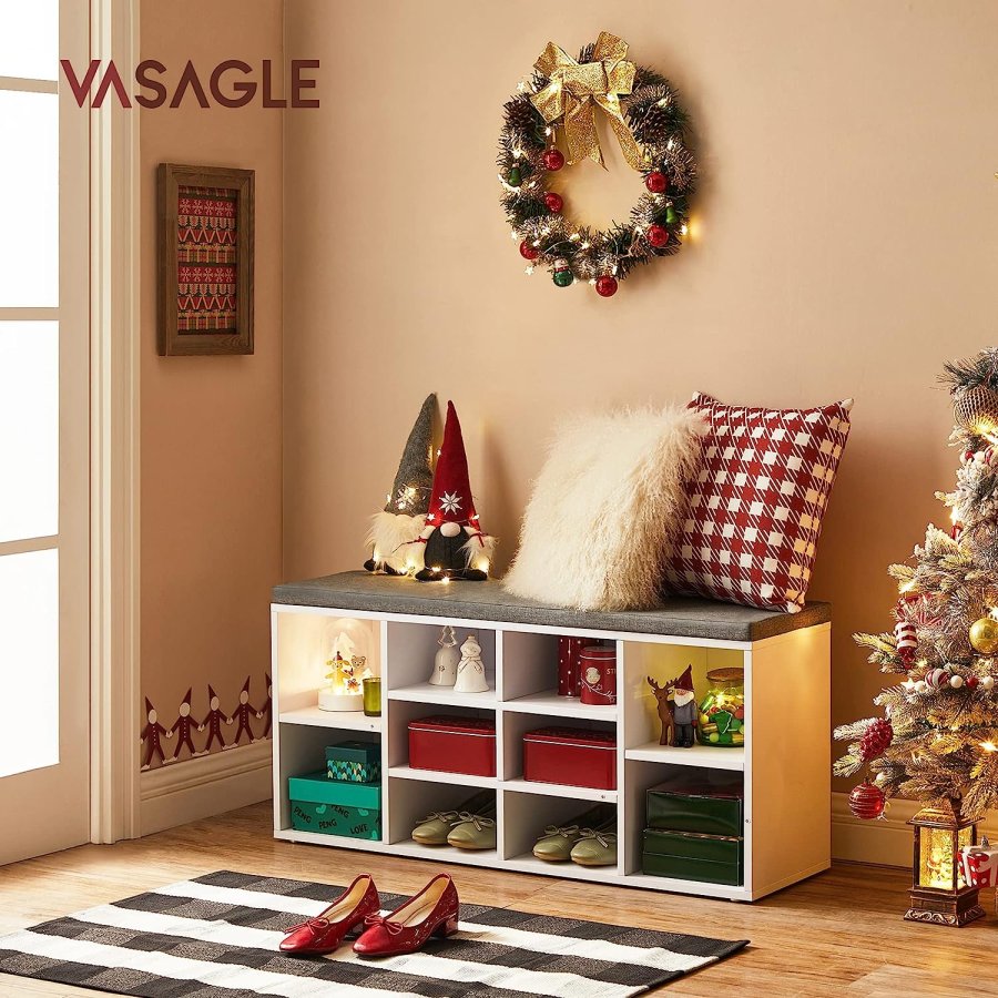 VASAGLE inngangsbenk, med stoffpute og 10 rom for sko - hvit sponplate (104x30)