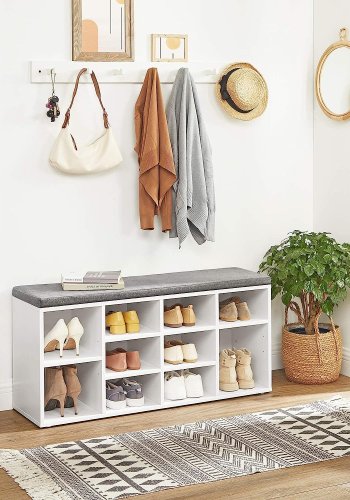VASAGLE inngangsbenk, med stoffpute og 10 rom for sko - hvit sponplate (104x30)