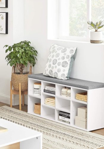 VASAGLE inngangsbenk, med stoffpute og 10 rom for sko - hvit sponplate (104x30)