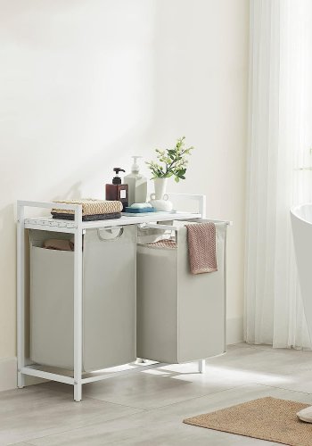 VASAGLE skittentyskurv, m. 2 uttrekkbare og uttakbare vaskeposer, 1 hylle - stoff, hvit MDF/stl