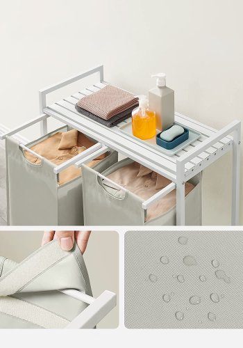 VASAGLE skittentyskurv, m. 2 uttrekkbare og uttakbare vaskeposer, 1 hylle - stoff, hvit MDF/stl