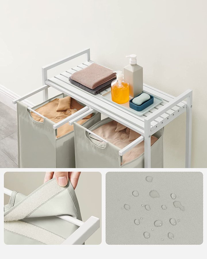 VASAGLE skittentyskurv, m. 2 uttrekkbare og uttakbare vaskeposer, 1 hylle - stoff, hvit MDF/stl