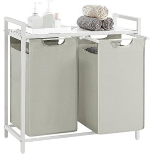 VASAGLE vasketjskurv, m. 2 udtrkkelige og aftagelige vasketjsposer, 1 hylde - stof, hvid MDF/stl