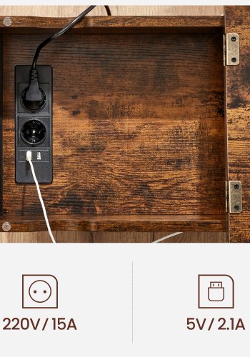 VASAGLE Beistelltisch, mit Ablage, USB-Anschluss, 2 Steckdosen, 1 Ablage, Stofftasche – rustikal braune Spanplatte/Stahl