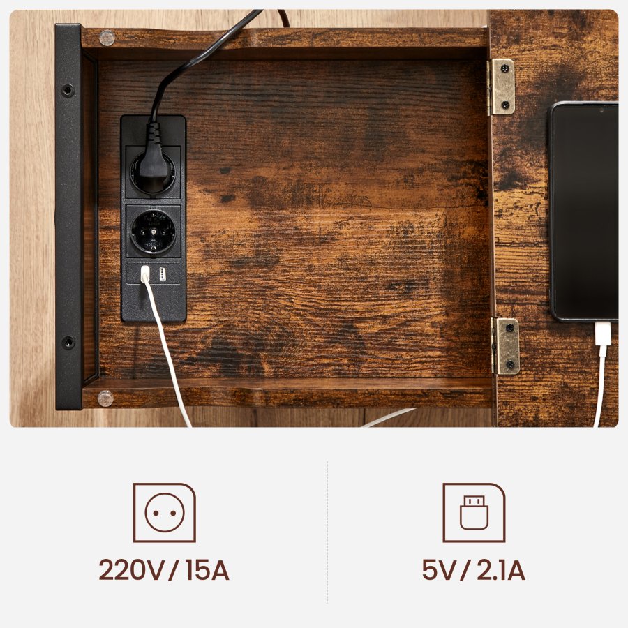 VASAGLE Beistelltisch, mit Ablage, USB-Anschluss, 2 Steckdosen, 1 Ablage, Stofftasche – rustikal braune Spanplatte/Stahl