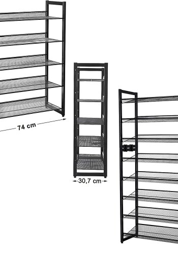 SONGMICS 5-lags skostativ i metallnett med flate vinklede hyller, store stablebare og justerbare stvler Gangskap Oppbevaring LMR005B, svart