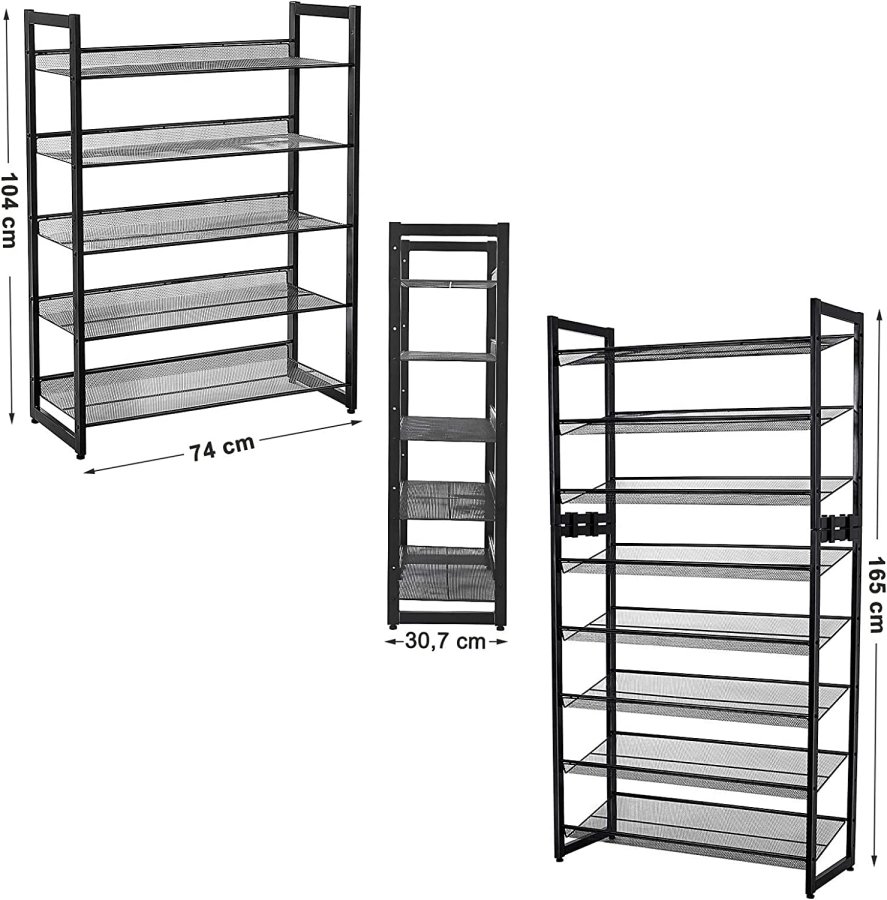 SONGMICS 5-lags skostativ i metallnett med flate vinklede hyller, store stablebare og justerbare stvler Gangskap Oppbevaring LMR005B, svart