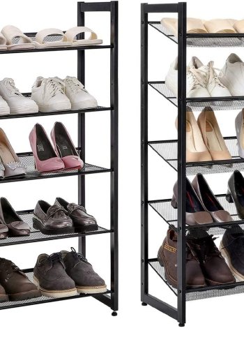 SONGMICS 5-lags skostativ i metallnett med flate vinklede hyller, store stablebare og justerbare stvler Gangskap Oppbevaring LMR005B, svart
