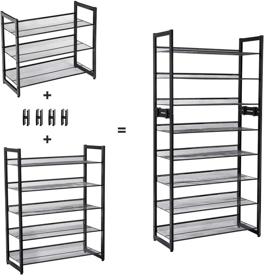 SONGMICS 5-lags skostativ i metallnett med flate vinklede hyller, store stablebare og justerbare stvler Gangskap Oppbevaring LMR005B, svart
