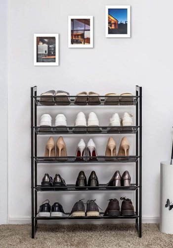 SONGMICS 5-lags skostativ i metallnett med flate vinklede hyller, store stablebare og justerbare stvler Gangskap Oppbevaring LMR005B, svart