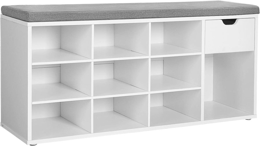 VASAGLE Eingangsbank, mit Kissen, 1 Schublade und 10 Fchern  graues Leinenimitat und weie Spanplatte (104 x 30)