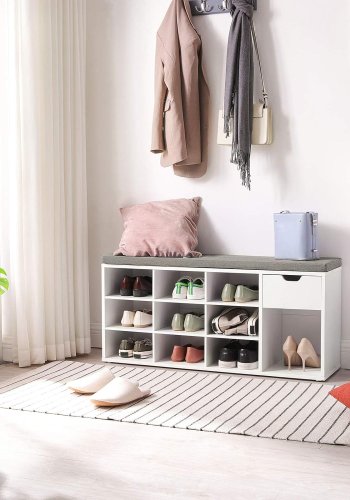 VASAGLE Eingangsbank, mit Kissen, 1 Schublade und 10 Fchern  graues Leinenimitat und weie Spanplatte (104 x 30)