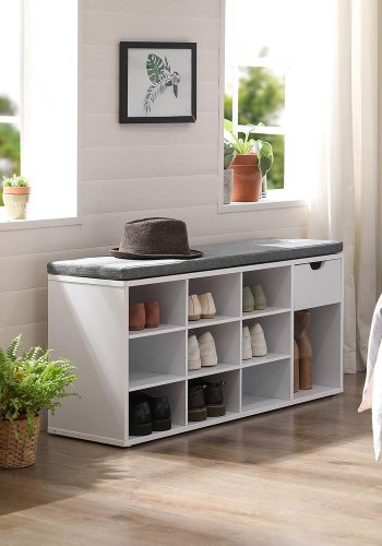 VASAGLE Eingangsbank, mit Kissen, 1 Schublade und 10 Fchern  graues Leinenimitat und weie Spanplatte (104 x 30)