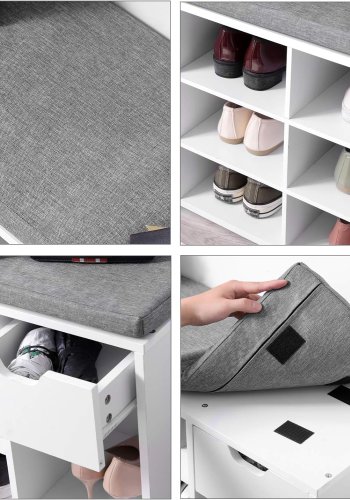 VASAGLE Eingangsbank, mit Kissen, 1 Schublade und 10 Fchern  graues Leinenimitat und weie Spanplatte (104 x 30)