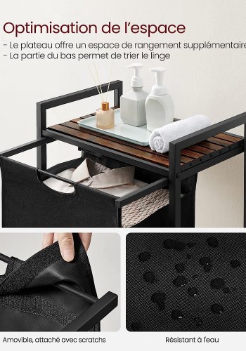 VASAGLE Wäschekorb, mit ausziehbarem und herausnehmbarem Wäschesack, 1 Ablage – braunes MDF und schwarzer Stahl