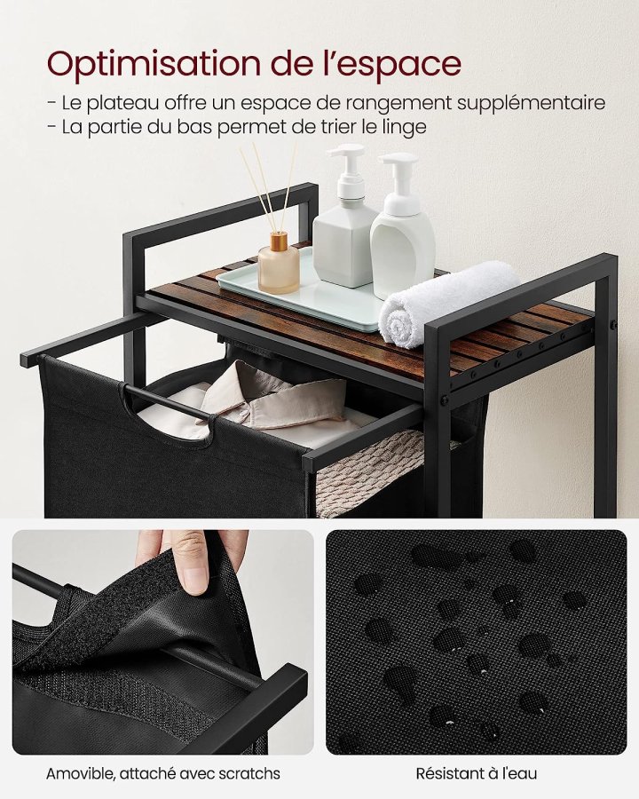 VASAGLE Wäschekorb, mit ausziehbarem und herausnehmbarem Wäschesack, 1 Ablage – braunes MDF und schwarzer Stahl