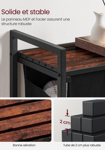 VASAGLE Wäschekorb, mit ausziehbarem und herausnehmbarem Wäschesack, 1 Ablage – braunes MDF und schwarzer Stahl