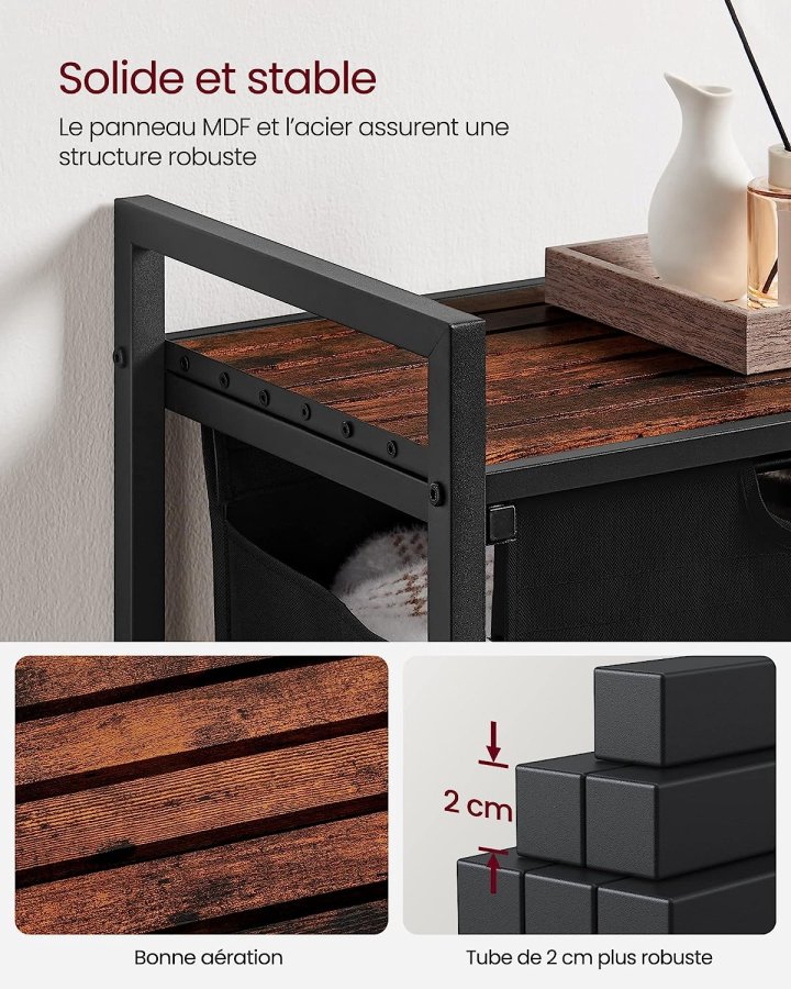 VASAGLE Wäschekorb, mit ausziehbarem und herausnehmbarem Wäschesack, 1 Ablage – braunes MDF und schwarzer Stahl