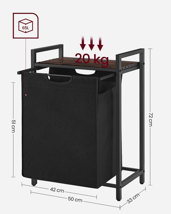 VASAGLE Wäschekorb, mit ausziehbarem und herausnehmbarem Wäschesack, 1 Ablage – braunes MDF und schwarzer Stahl