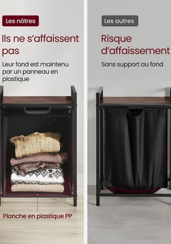 VASAGLE Wäschekorb, mit ausziehbarem und herausnehmbarem Wäschesack, 1 Ablage – braunes MDF und schwarzer Stahl