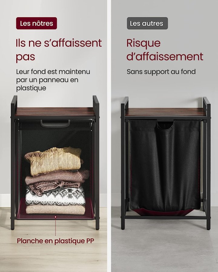 VASAGLE Wäschekorb, mit ausziehbarem und herausnehmbarem Wäschesack, 1 Ablage – braunes MDF und schwarzer Stahl