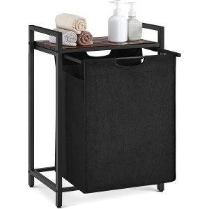 VASAGLE vasketjskurv, m. udtrkkelig og aftagelig vasketjspose, 1 hylde - brun MDF og sort stl