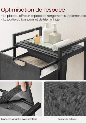 VASAGLE Wäschekorb, mit Auszug und herausnehmbarem Wäschesack, 1 Ablage – grauer Stoff, schwarzes MDF/Stahl