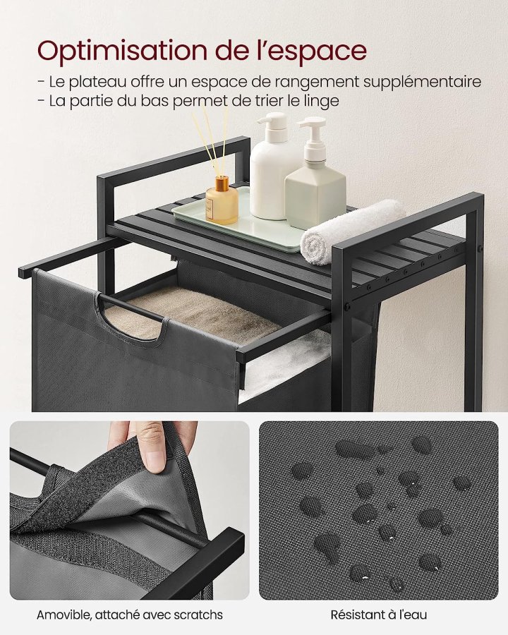VASAGLE Wäschekorb, mit Auszug und herausnehmbarem Wäschesack, 1 Ablage – grauer Stoff, schwarzes MDF/Stahl