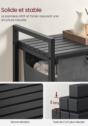 VASAGLE Wäschekorb, mit Auszug und herausnehmbarem Wäschesack, 1 Ablage – grauer Stoff, schwarzes MDF/Stahl