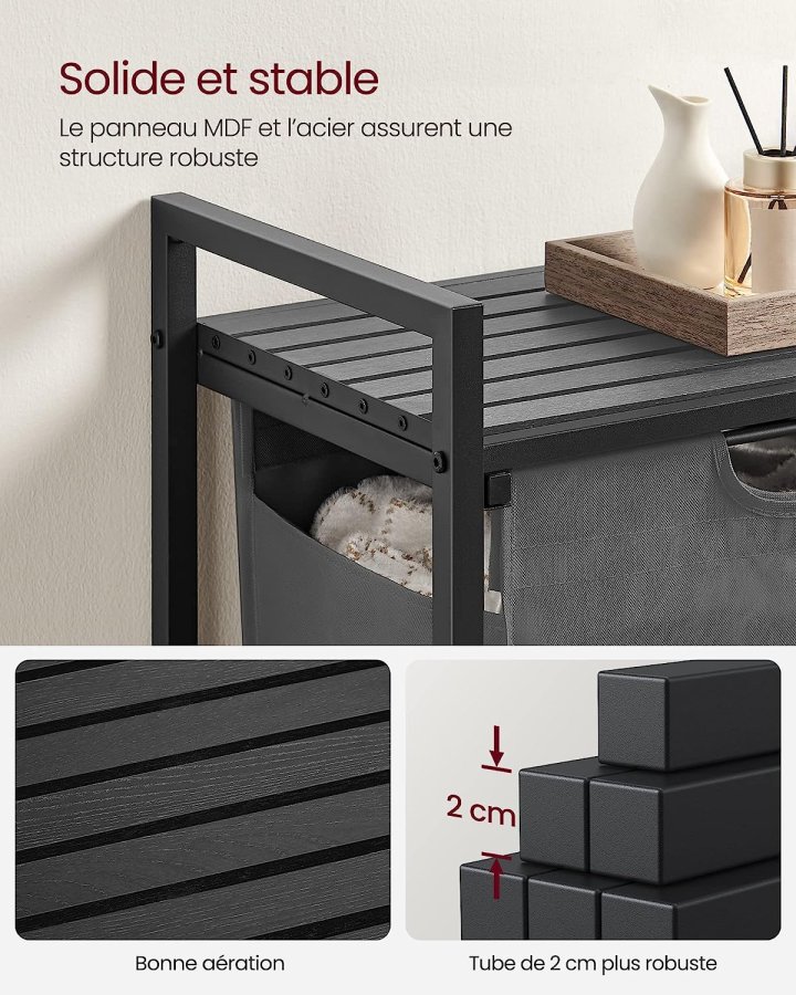 VASAGLE Wäschekorb, mit Auszug und herausnehmbarem Wäschesack, 1 Ablage – grauer Stoff, schwarzes MDF/Stahl