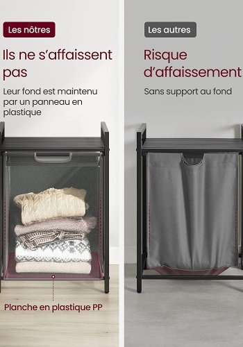 VASAGLE Wäschekorb, mit Auszug und herausnehmbarem Wäschesack, 1 Ablage – grauer Stoff, schwarzes MDF/Stahl