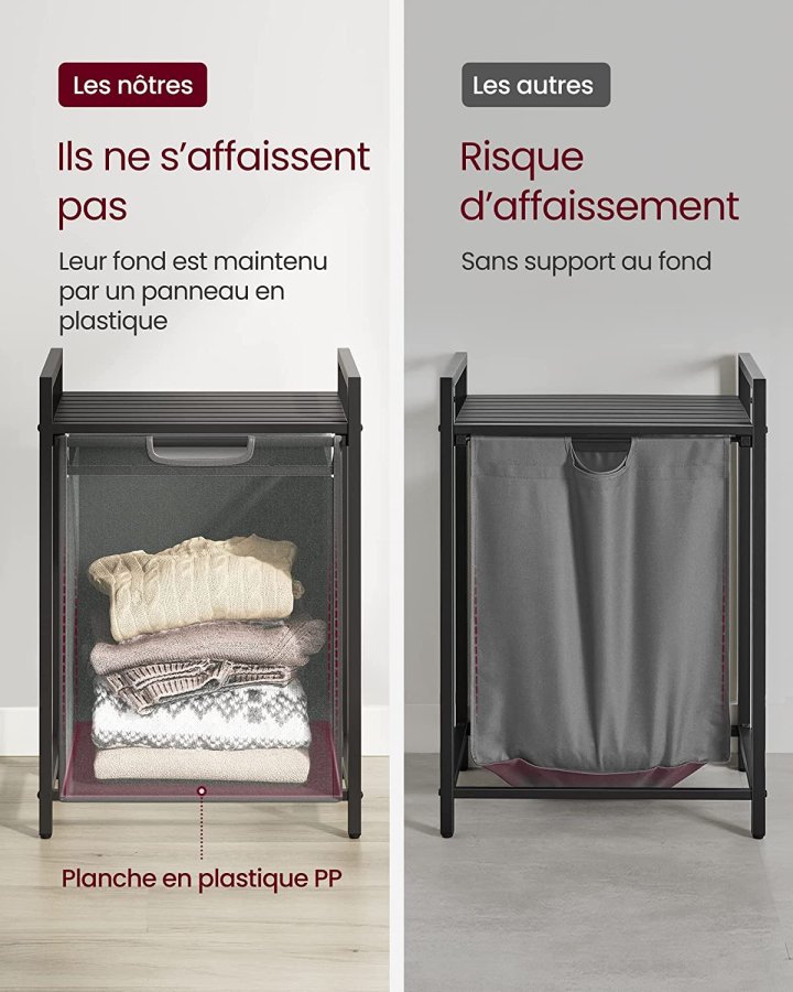 VASAGLE Wäschekorb, mit Auszug und herausnehmbarem Wäschesack, 1 Ablage – grauer Stoff, schwarzes MDF/Stahl