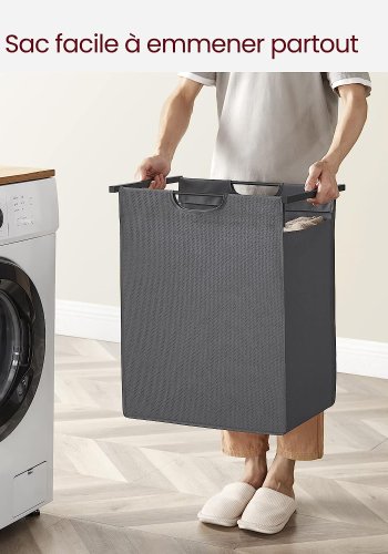 VASAGLE Wäschekorb, mit Auszug und herausnehmbarem Wäschesack, 1 Ablage – grauer Stoff, schwarzes MDF/Stahl