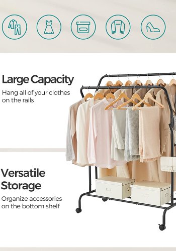 SONGMICS dobbelt klesstativ, m. 2 henger, 1 hylle, hjul - sort stl