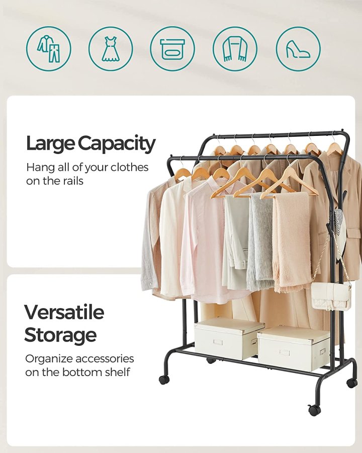 SONGMICS dobbelt klesstativ, m. 2 henger, 1 hylle, hjul - sort stl