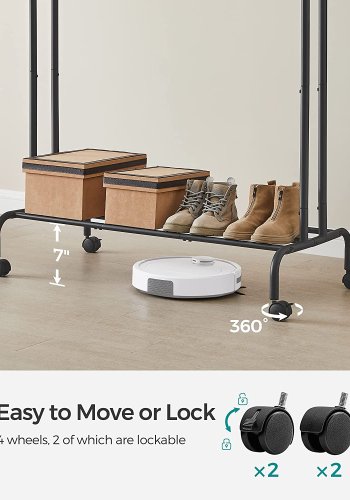 SONGMICS dobbelt klesstativ, m. 2 henger, 1 hylle, hjul - sort stl