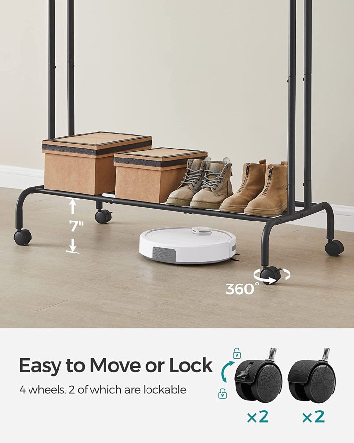 SONGMICS dobbelt klesstativ, m. 2 henger, 1 hylle, hjul - sort stl