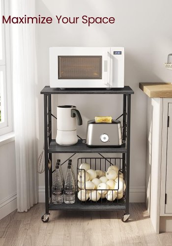 VASAGLE rullebord, m. 2 hyller, 6 S-kroker, hjul - svart sponplate og stl (60x40)