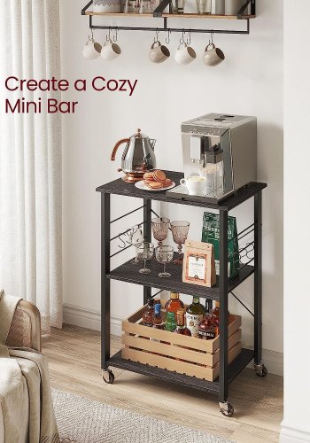 VASAGLE rullebord, m. 2 hyller, 6 S-kroker, hjul - svart sponplate og stl (60x40)