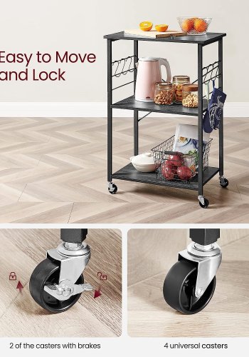 VASAGLE rullebord, m. 2 hyller, 6 S-kroker, hjul - svart sponplate og stl (60x40)