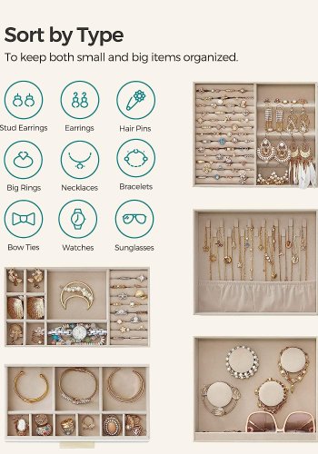 SONGMICS smykkeskrin, 5 lag, m. glassvindu, 3 sideskuffer, stort speil - skyhvit PU og gull 